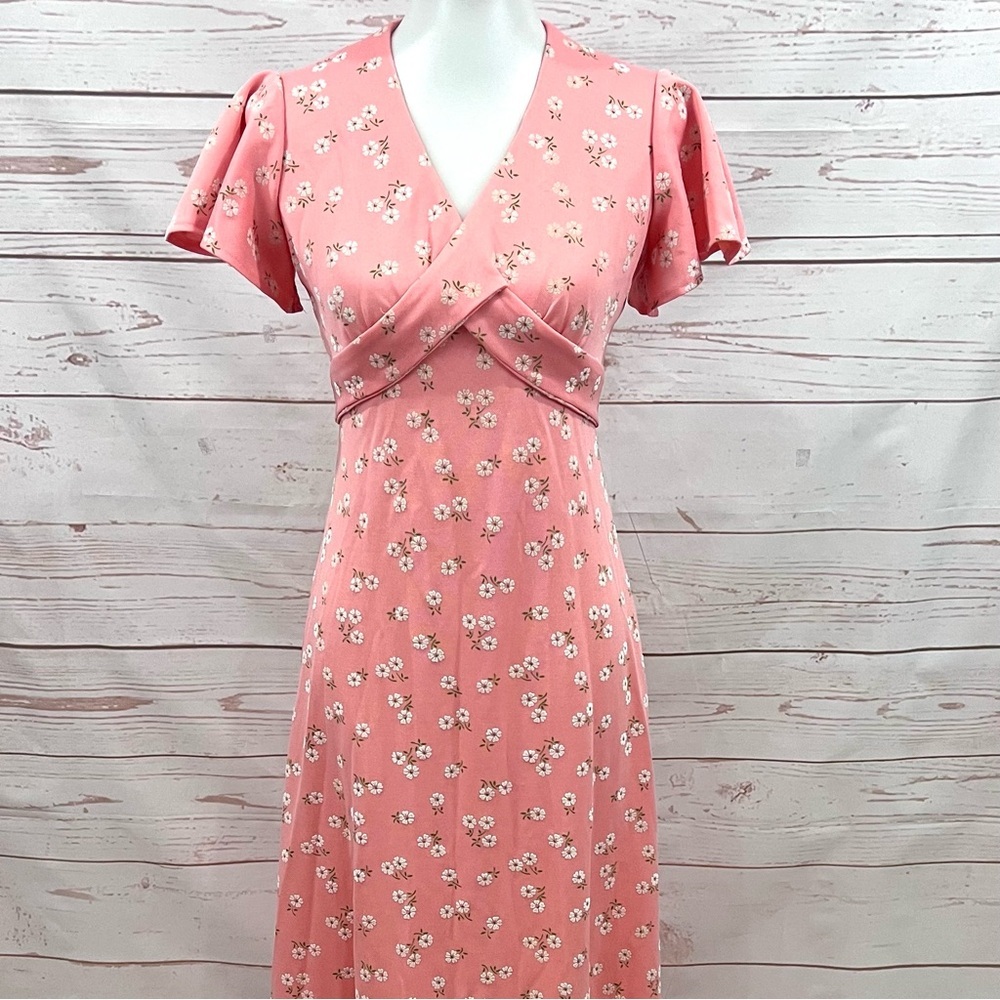 Vintage Coral Peach Ditzy Floral Daisy Cottagecore Flutter Sleeve Maxi Dress - Picture 4 of 11